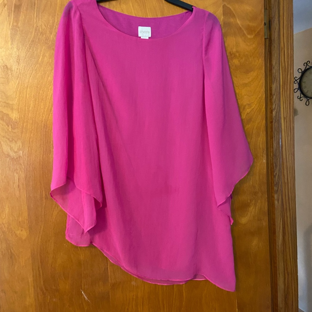 Chico’s Fuchsia asymmetrical top with drama sleeve top.